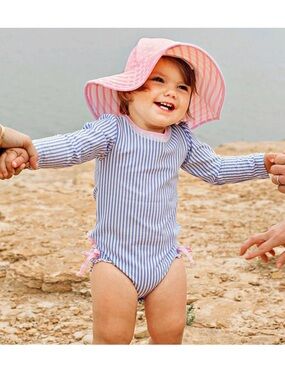 Ruffle Butts Blue-and-Pink Seersucker  Rashguard 6-12 Month Swimsuit